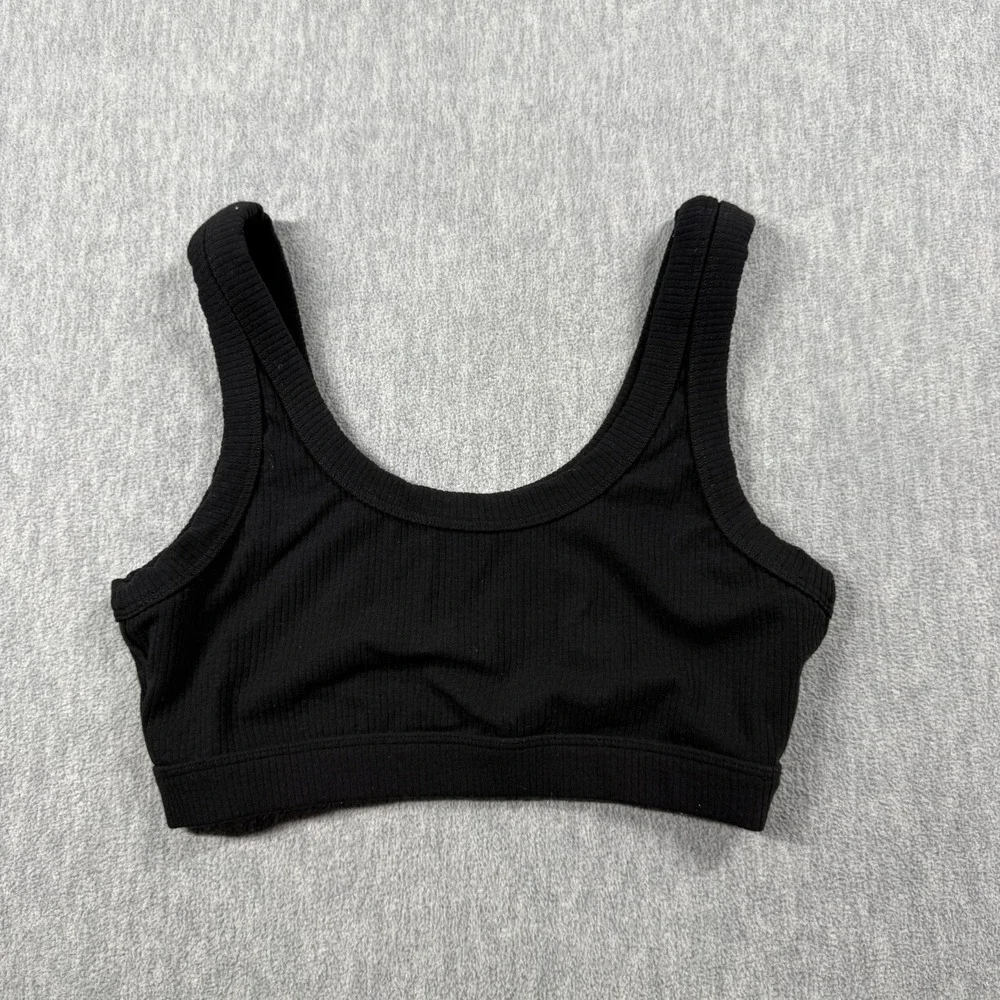 Alo Yoga Sports Bra Womens M Black Ribbed Seamless Scoop Neck Workout Crop Top